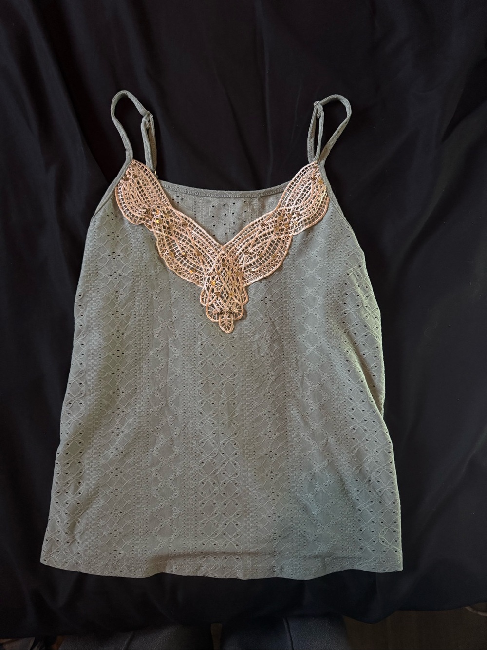 Woven Y2K Lace Accent Spaghetti Strap Tank Top / Cami - teal